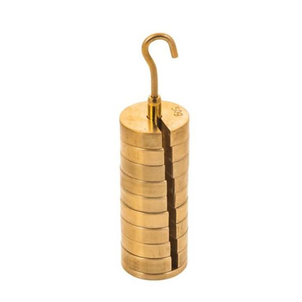 Slotted Set of Masses and Hanger – Brass, Set of 9 weights, one hanger each of 50g, Total 500 g (Each)