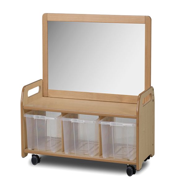 Mobile Low Mirror Storage Unit with 3 Clear Tubs | Creative Activity